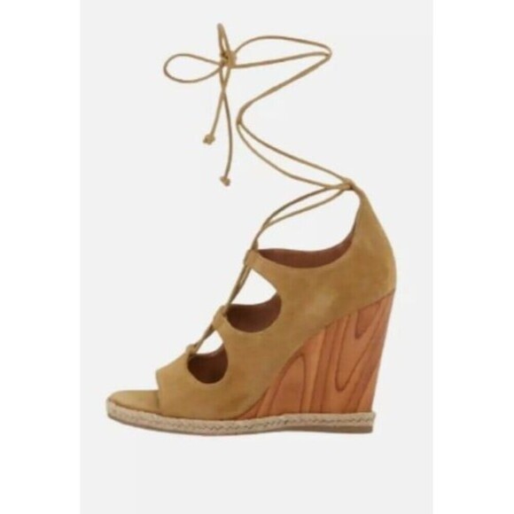 Tory Burch Raya Suede Lace Up Wedge Heels Womens Tan Brown Open Toe Sandals - Picture 1 of 10